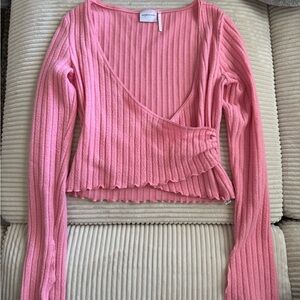 Soft Ribbed Pink Wrap-Style Long Sleeve Top
